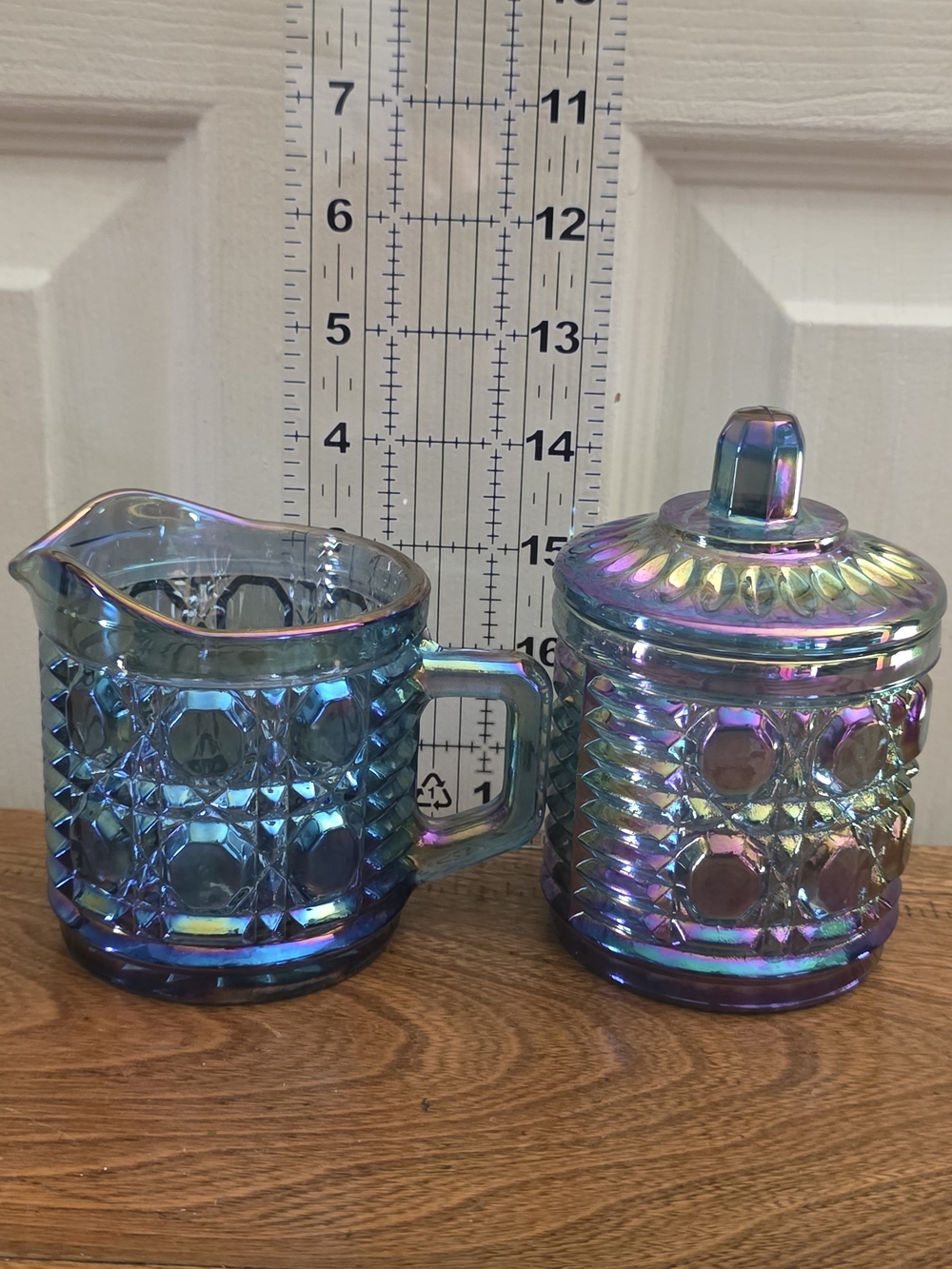 Vtg Indiana Glass Windsor Blue Carnival Glass Creamer & Lidded Sugar Set